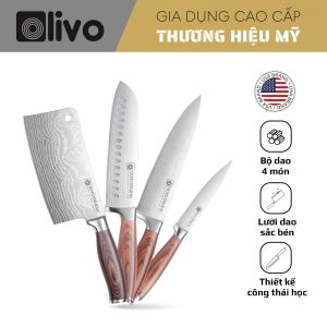 Bộ Dao 4 Món OLIVO STEVE – Vật Liệu Cao Cấp – Chuôi Gỗ Hồng – Thiết Kế Công Thái Học – Lưỡi Dao Sắc Bén