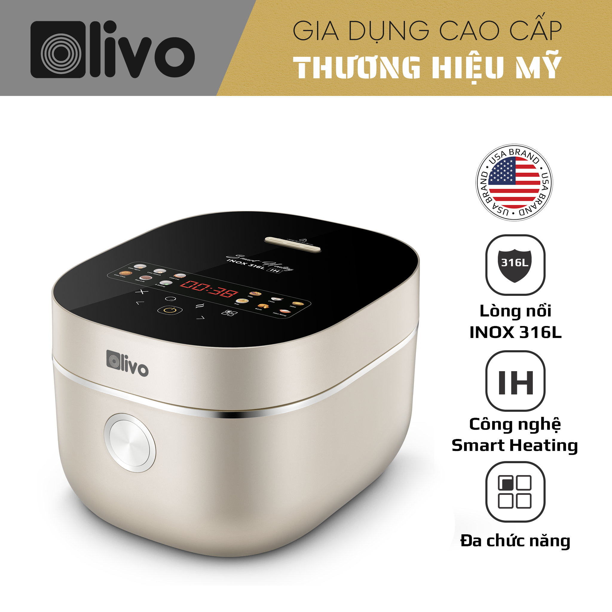 Nồi Cơm Điện Cao Tần OLIVO RC800IH - Công Nghệ Nấu Cao Tần Smart Heating, Lòng Nồi INOX 316L, 14 Chế Độ Cài Sẵn, Dung Tích 1.5L, Bảng Điều Khiển OLED