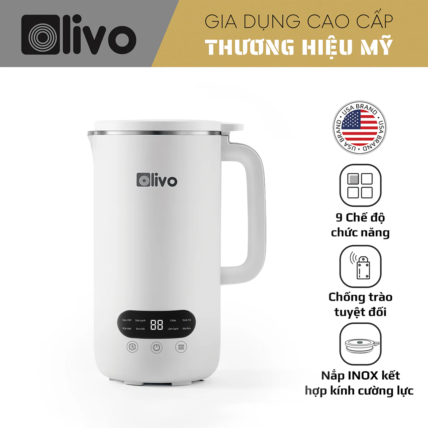 Máy Xay Nấu Đa Năng OLIVO CB1000 - Dung Tích 1L, Nắp INOX Kết Hợp Kính Cường Lực Duy Nhất Trên Thị Trường, Công Suất 880W, 9 Chế Độ, Chống Trào Tuyệt Đối