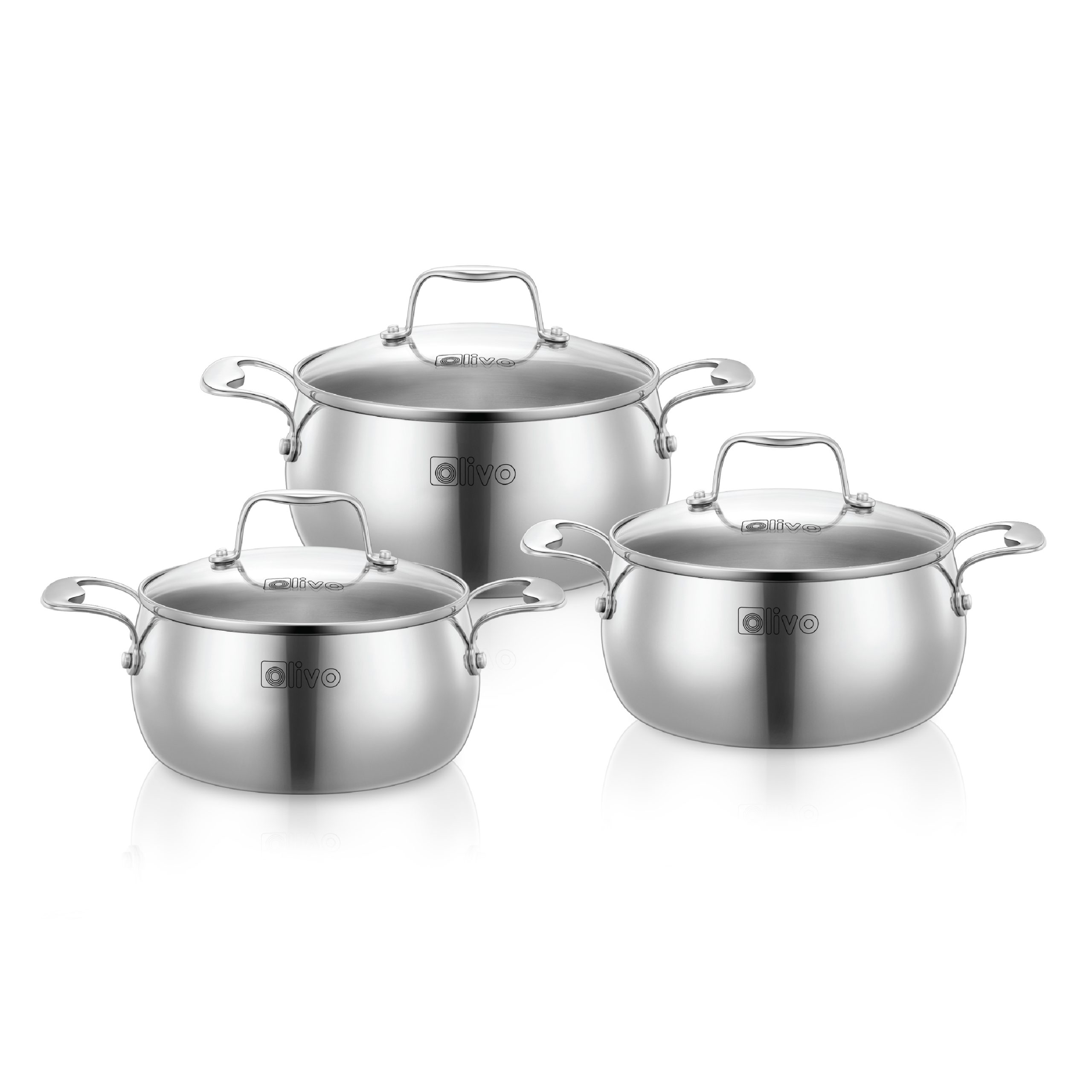 Bộ Nồi Olivo Steve CS - Bộ 3 Nồi - Đa Dạng Kích Thước - Inox 3 Lớp - Nắp Kính Cường Lực - Nấu Được Trên Mọi Loại Bếp