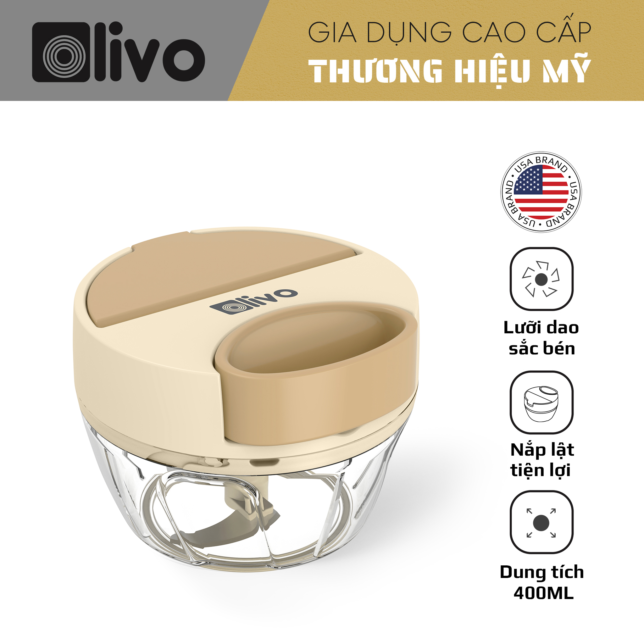 Dụng Cụ Xay Thực Phẩm Đa Năng Mini OLIVO MFC468 – Xay Tỏi Ớt, Xay Thịt, Xay Hạt Tiện Lợi – Nắp Lật Tiện Dụng - Dây Kéo Chắc Chắn – Dung Tích 400ML – Dễ Dàng Vệ Sinh